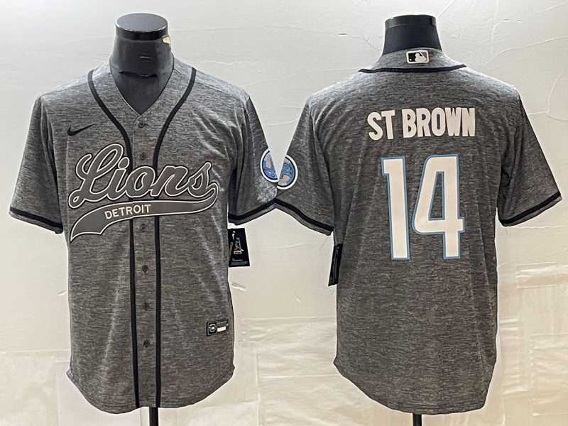 Men's Detroit Lions #14 Amon Ra St Brown Grey Gridiron With Patch Cool Base Baseball Limited Jersey